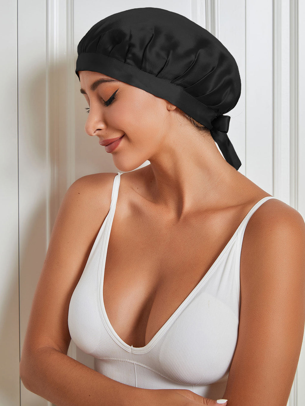 DreamWrap - Klasyczna jedwabna czapka do spania z ozdobnymi wstążkami