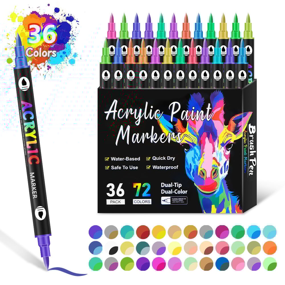 Dwustronne akrylowe markery – 36 sztuk w 72 intensywnych kolorach bez smug