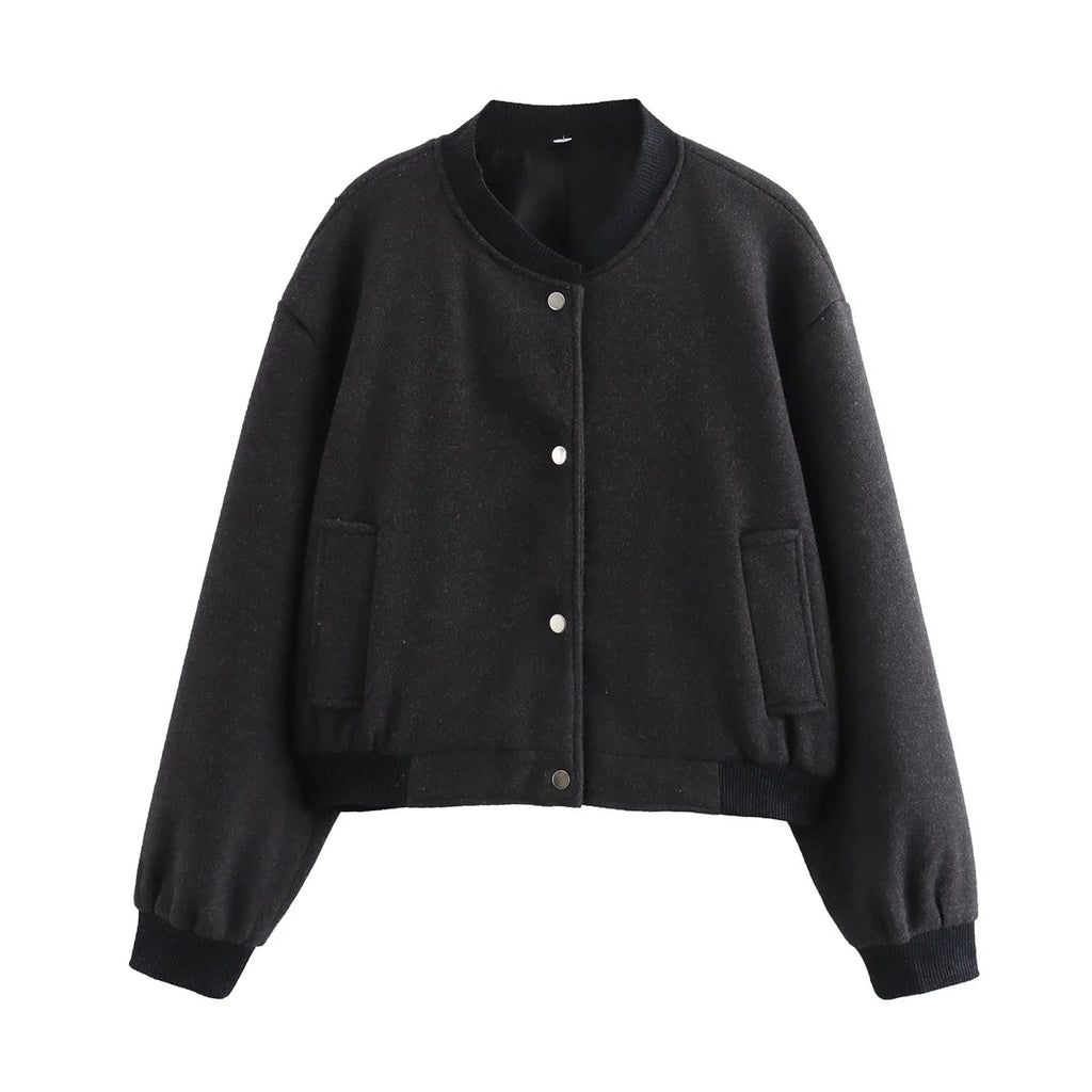 Kurtka Bomber Damska z Wełny – Guziki i Żebrowane Rękawy – Casual Chic