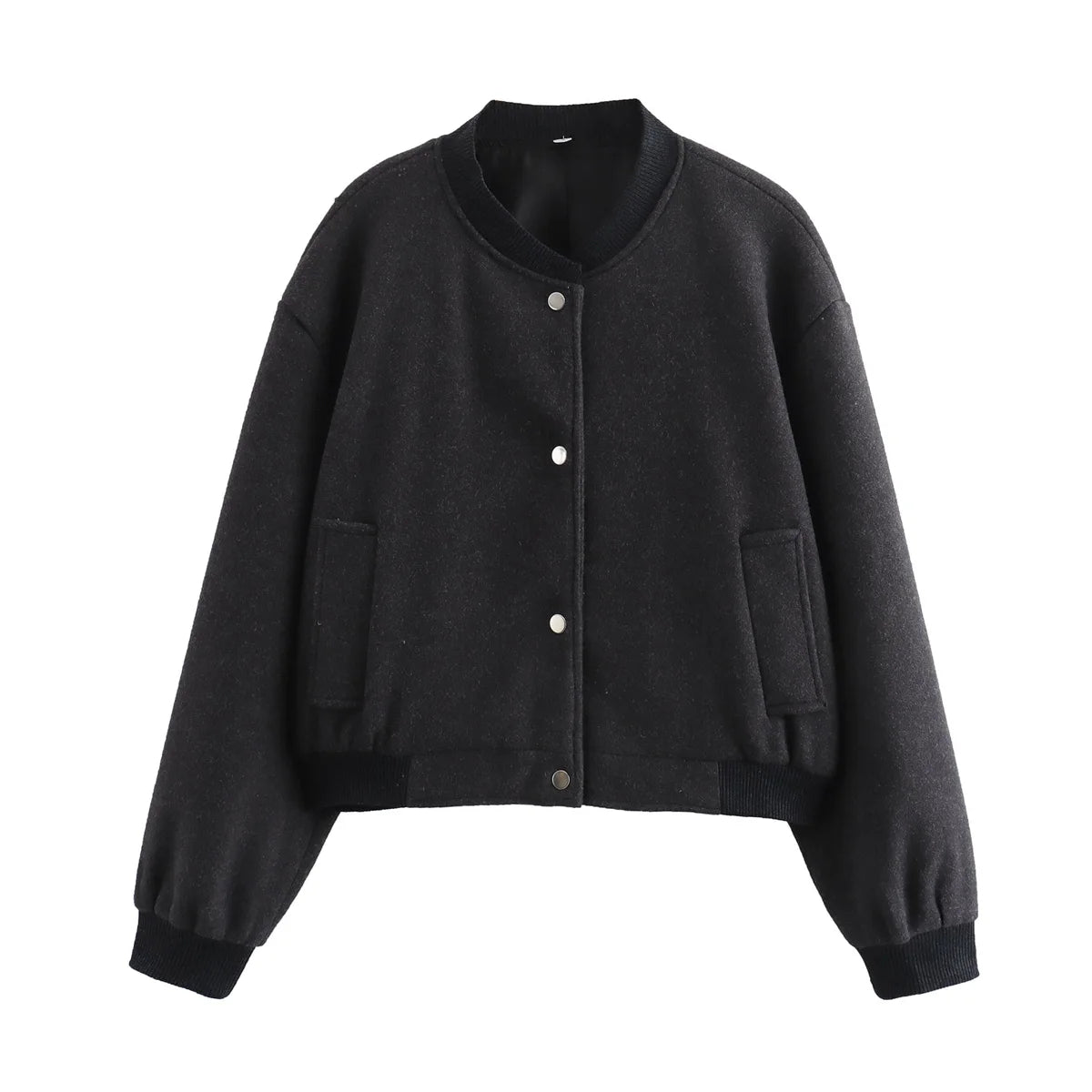 Kurtka Bomber Damska z Wełny – Guziki i Żebrowane Rękawy – Casual Chic