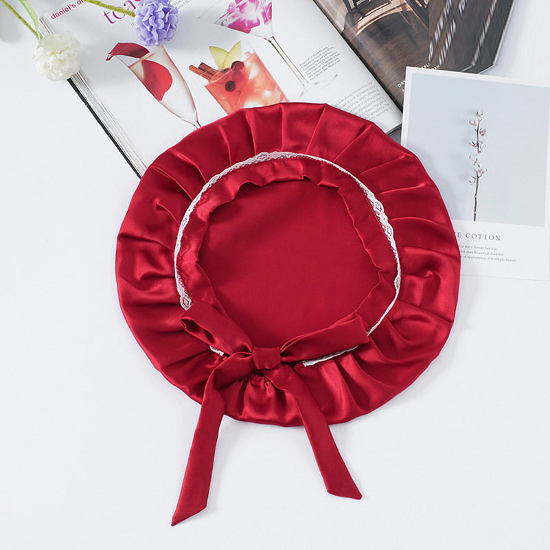 OpalSilk - Jedwabna Czapka do Snu z Koronkowymi Detalami i Wstążkami