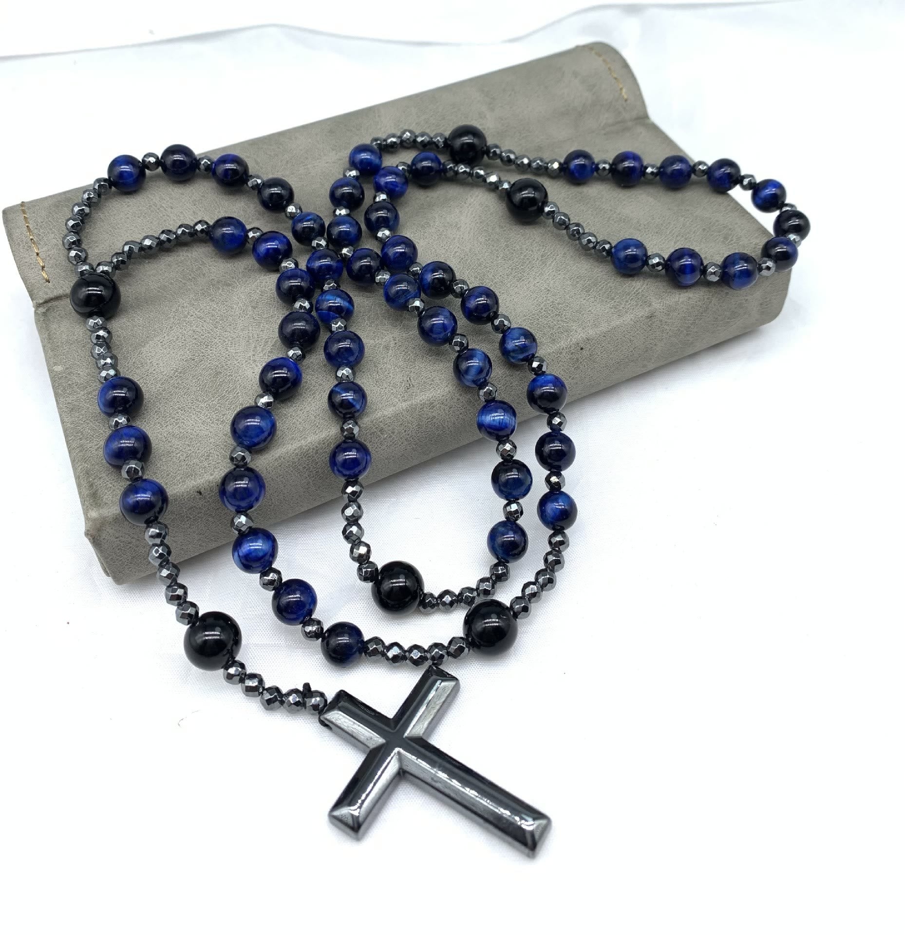 Orion Męski Naszyjnik z Krzyżem z Tygrysiego Oka i Lapis Lazuli