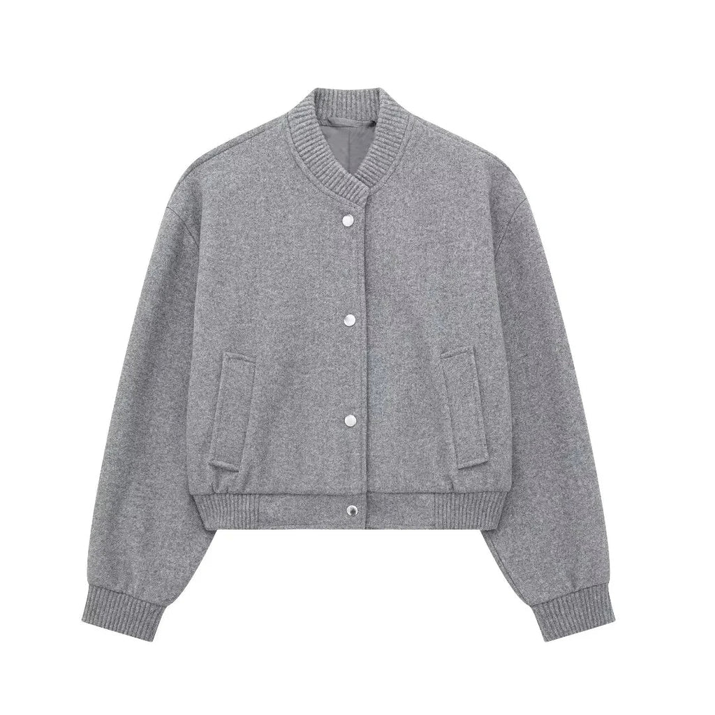 Kurtka Bomber Damska z Wełny – Guziki i Żebrowane Rękawy – Casual Chic