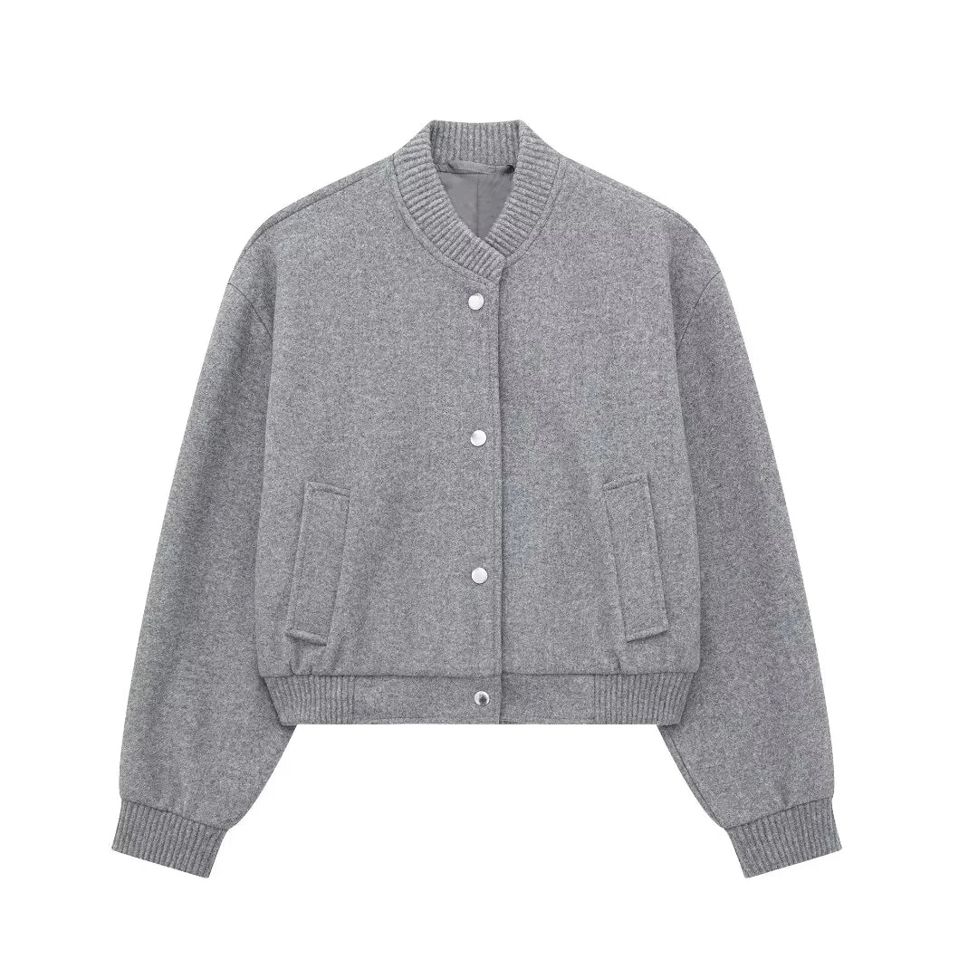 Kurtka Bomber Damska z Wełny – Guziki i Żebrowane Rękawy – Casual Chic