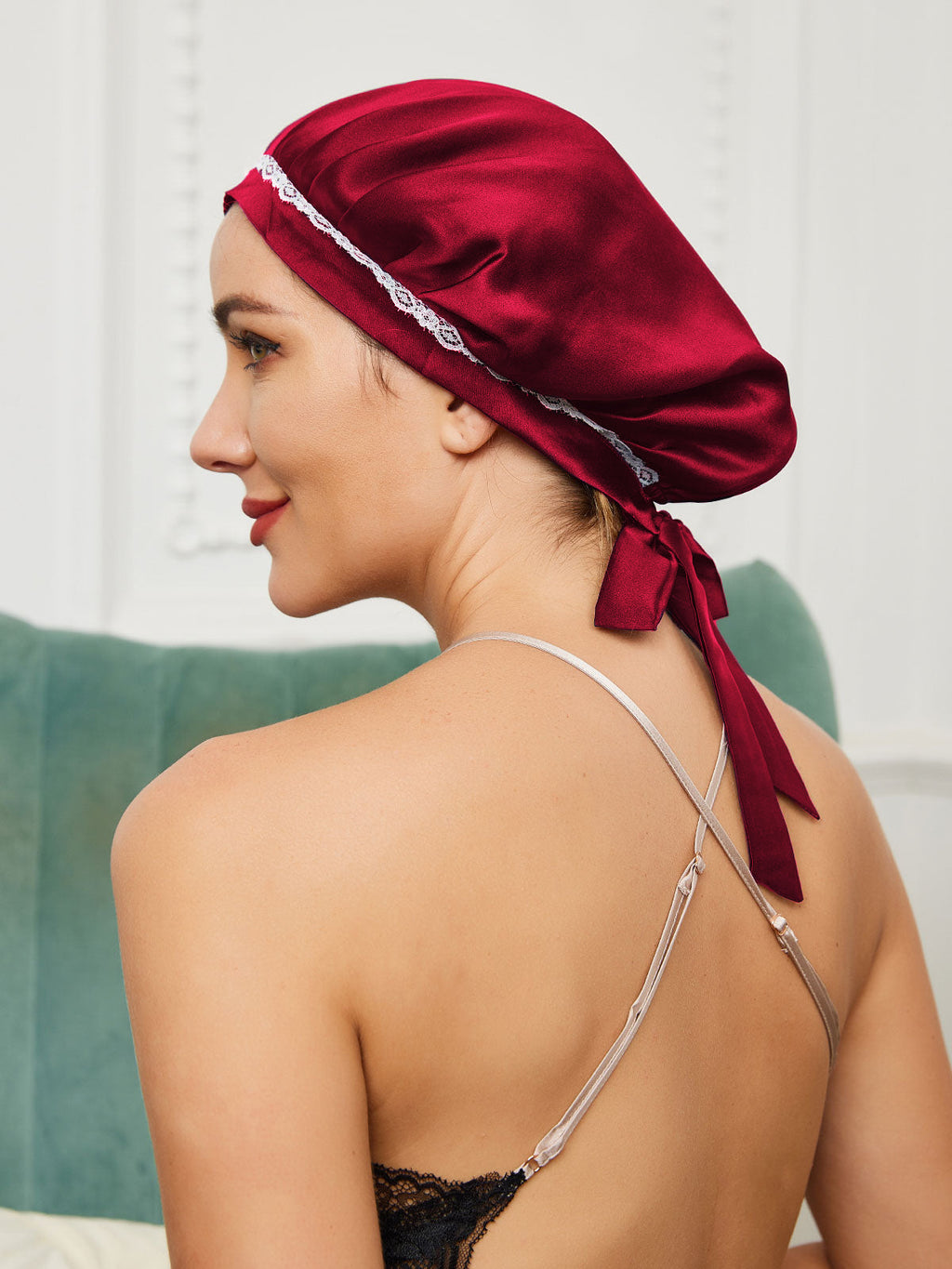 OpalSilk - Jedwabna Czapka do Snu z Koronkowymi Detalami i Wstążkami
