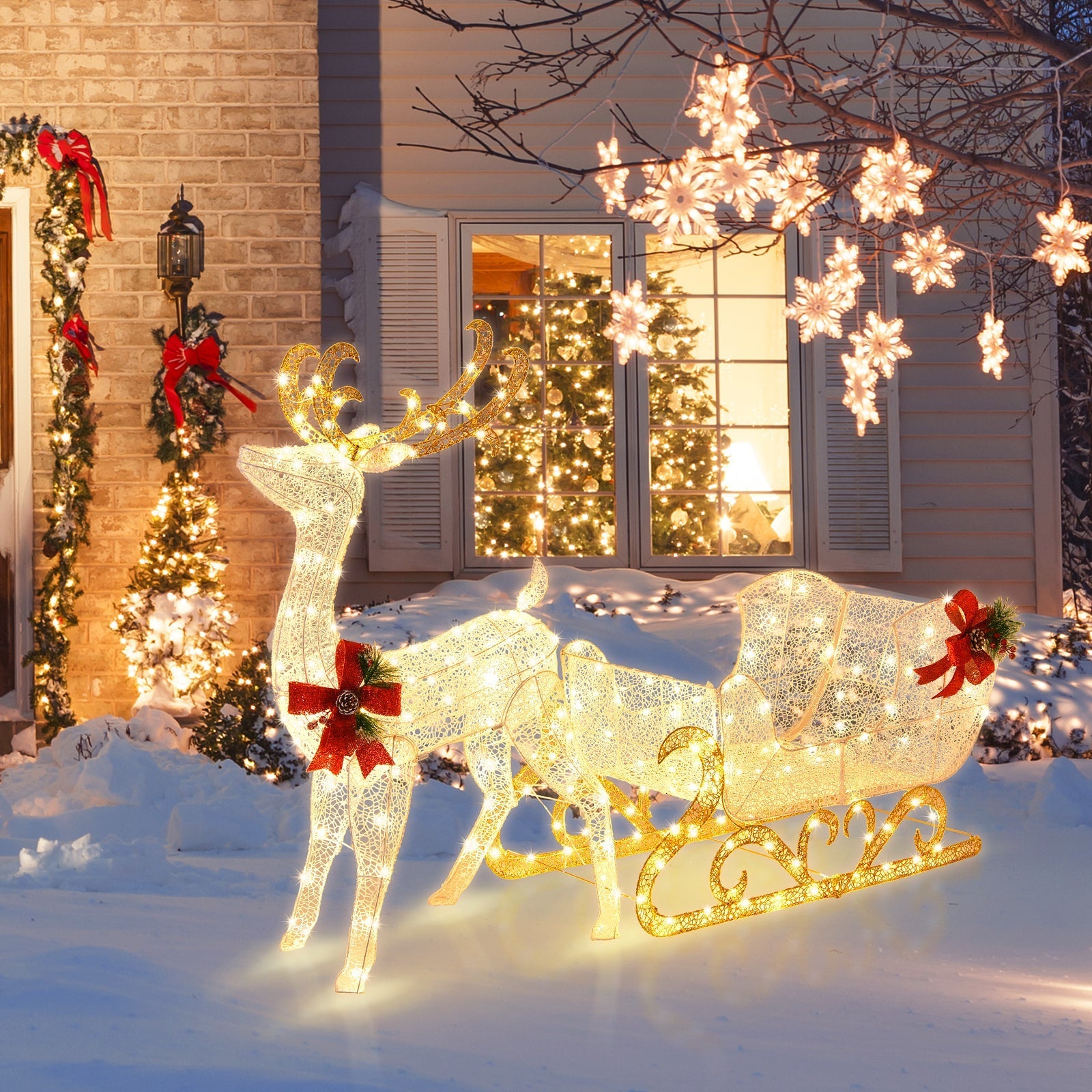 HolidayDeer – Podświetlane Renifery Bożonarodzeniowe z Sanie Świętego Mikołaja i 215 Lampkami