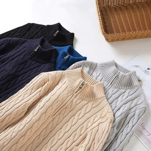 Męski Sweter – Wzór Warkoczowy z Połową Zippera