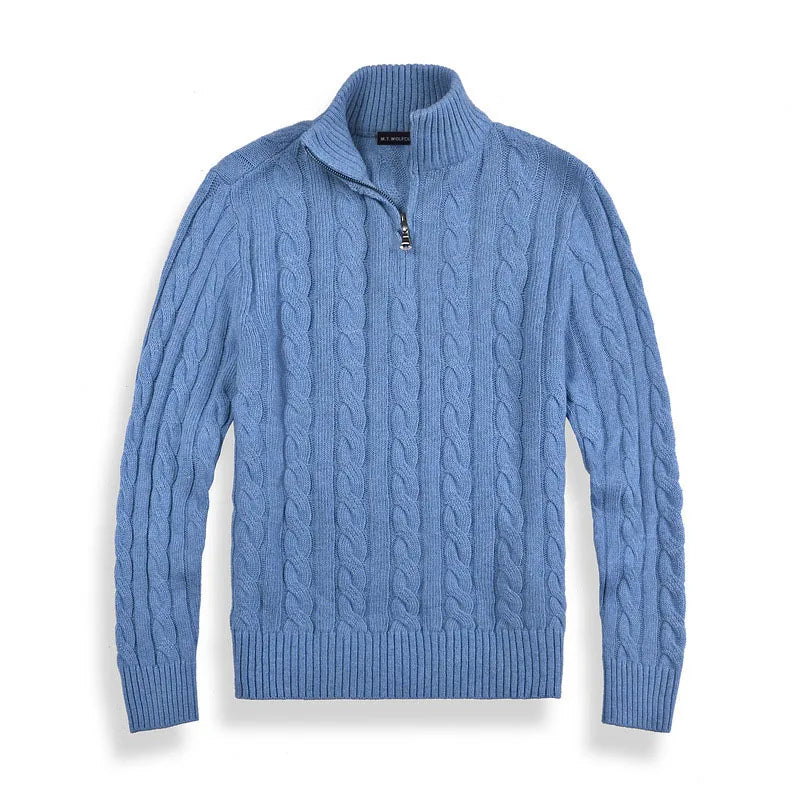 Męski Sweter – Wzór Warkoczowy z Połową Zippera