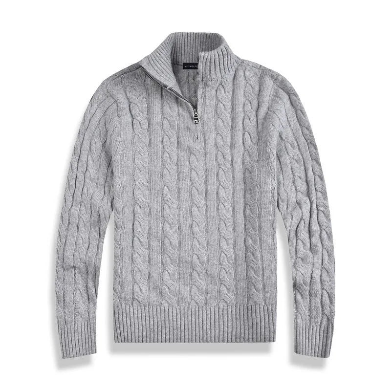 Męski Sweter – Wzór Warkoczowy z Połową Zippera