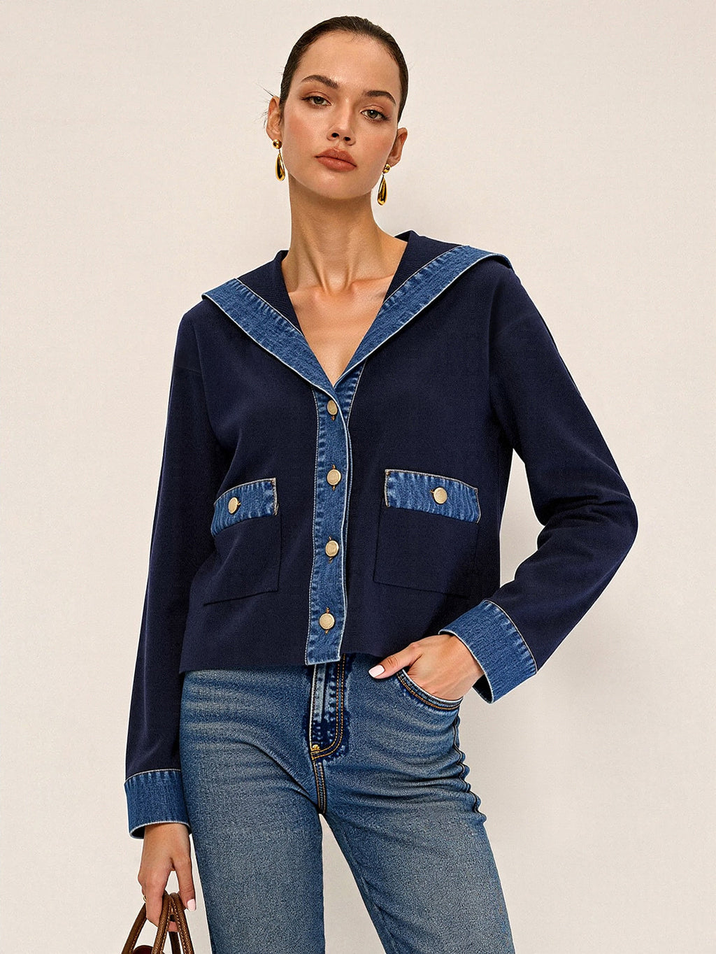 Racy | Denim Knit Jacket with Sailor Collar