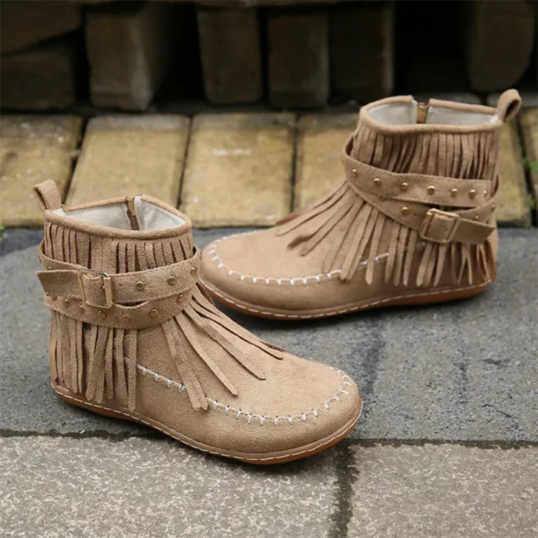 Isla | Eleganckie vintage botki z frędzlami