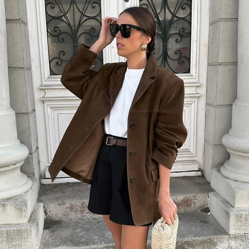 Women's Retro Brown Suede Leather Jacket – Perfect for Autumn and Winter
