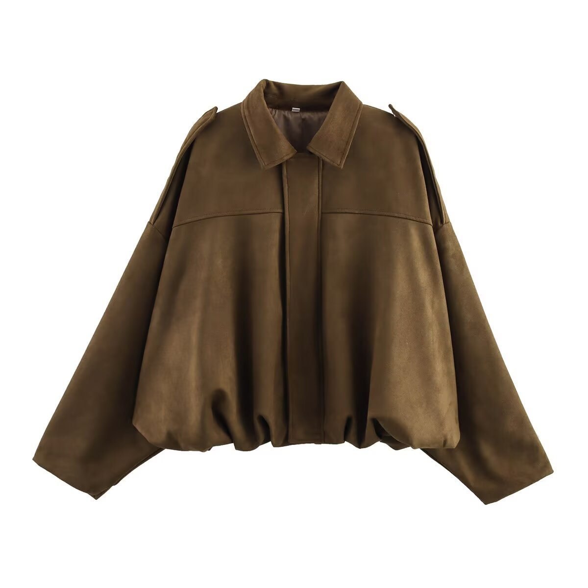 Oversized Damska Kurtka Bomber – Miękka Tkanina z Odwróconym Kołnierzem i Epoletem