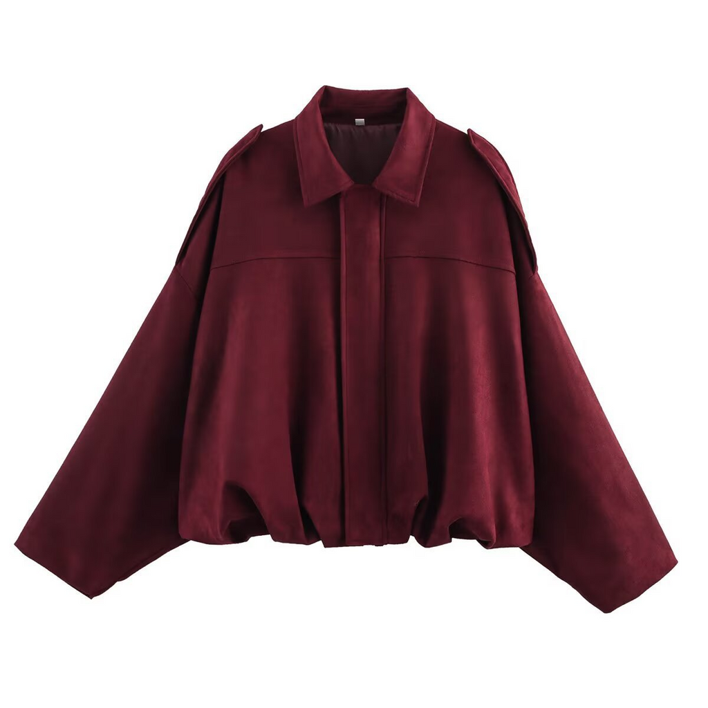 Oversized Damska Kurtka Bomber – Miękka Tkanina z Odwróconym Kołnierzem i Epoletem
