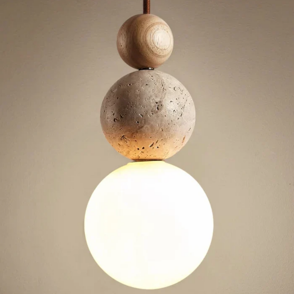 Nowoczesna lampa wisząca z trawertynu i mahoniu - Kolekcja NaturaLuxe