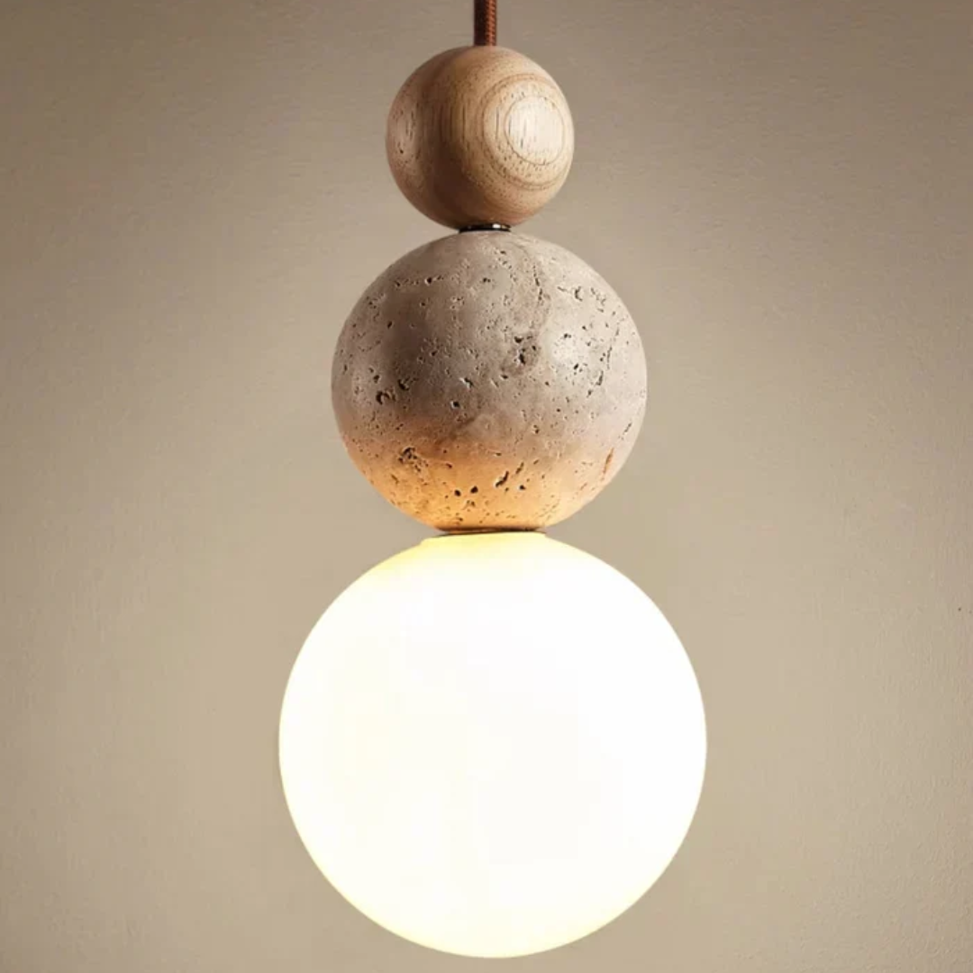 Nowoczesna lampa wisząca z trawertynu i mahoniu - Kolekcja NaturaLuxe