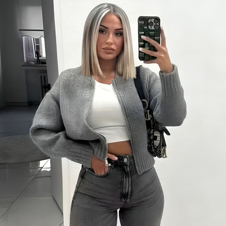 Plus Size Damski Kardigan z Zamkiem Błyskawicznym | Dzianina