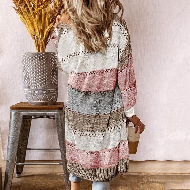 Mara - Damski sweter boho z paskowym wzorem i długim krojem