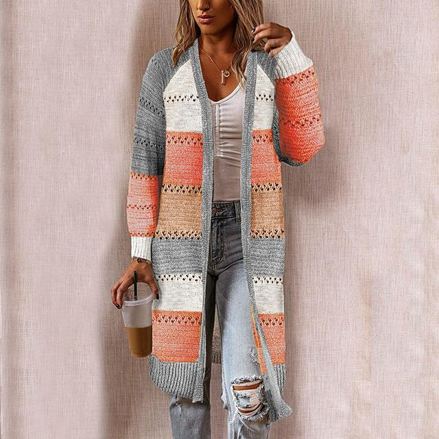 Mara - Damski sweter boho z paskowym wzorem i długim krojem